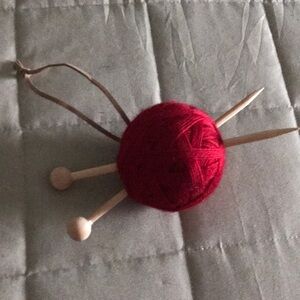 Red Yarn Ball Ornament with Knitting Needles